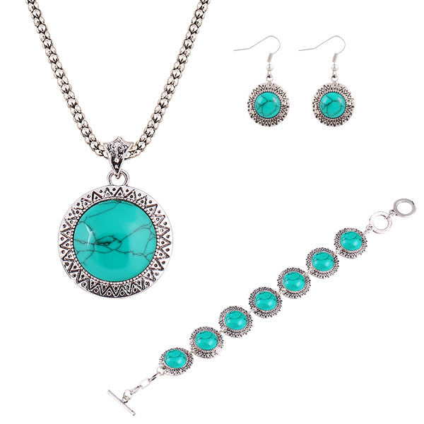 Vintage Anniversary Gift Fashion jewelry sets Vintage Silver Plated Chain Necklace Bracelets Turquoise drop earrings jewelry
