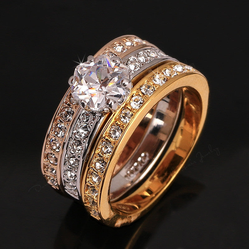 New Anti Allergy 3 Rounds CZ Diamond Paved Engagement Rings Sets Rose Gold Plated Crystal Wedding Jewelry For Women Anel