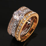 Anti Allergy 3 Rounds CZ Diamond Paved Engagement Rings Sets Rose Gold Plated Crystal Wedding Jewelry For Women Anel 