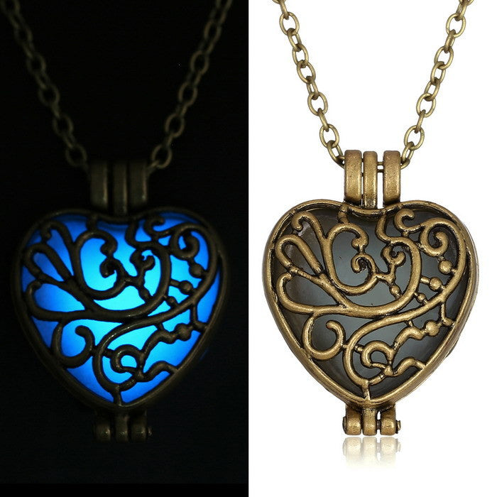 Vintage Glow In The Dark Locket copper Hollow Glowing Stone necklace Heart Statement Choker Pendant Necklaces For Women