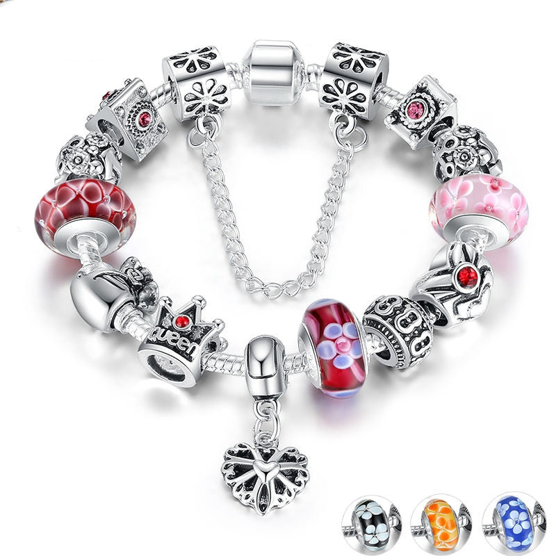 Fashion Queen Jewelry Silver Charms Bracelet & Bangles With Queen Crown Beads Bracelet for Women