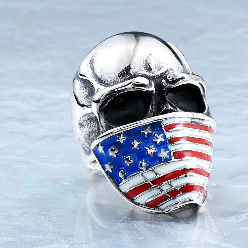 Cool American Flag Stainless Steel Skull Ring for Man Personality Biker Jewelry