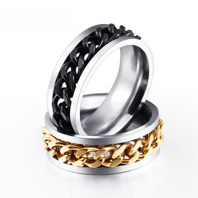 New Plated Gold/Black Man's Cool Spin Chain Ring For Man Stainless Steel Cool Man Woman Fashion Jewelry