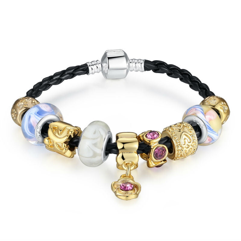 Fashion 925 Silver Leather Charm Bracelets & Bangles for Women With Murano Glass Beads Gold Charm DIY Birthday Gift