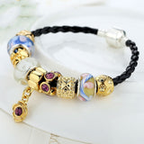Fashion 925 Silver Leather Charm Bracelets & Bangles for Women With Murano Glass Beads Gold Charm DIY Birthday Gift