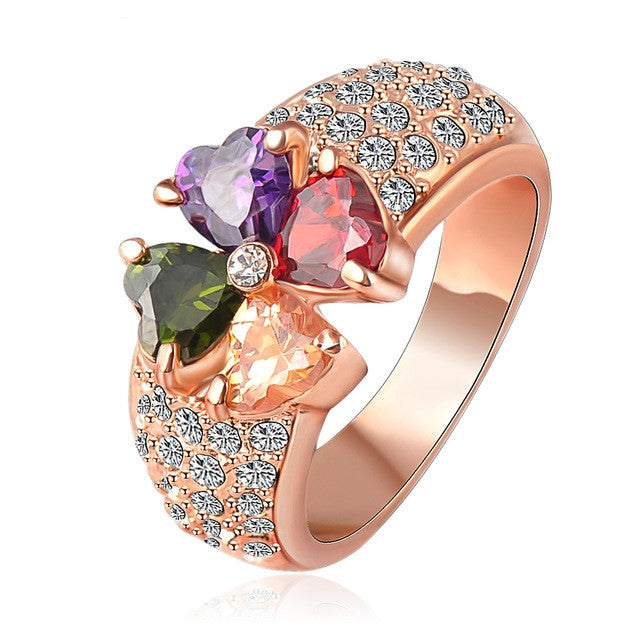 Brand Magic Heart Clover Zircon Ring Real Rose Gold Plated Genuine SWA Element Flower Crystal Ring
