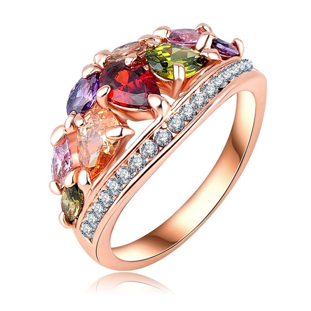 Fashionable Multi Color Finger Rings Austrian Crystal Rose Gold Plated Rings for Women Party Jewelry 