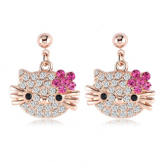 New Lovely Cat Flower Stud Earring For Girls Rose Gold Plated Austrian Crystals Kitten Earings With SWA Elements