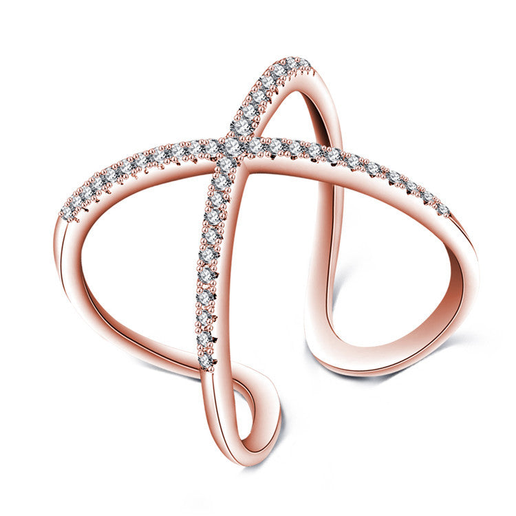 Rose Gold Plated X Shape Design Rings With Pave Setting Cubic Zirconia Cross Ring Wedding Jewelry Anel Feminino