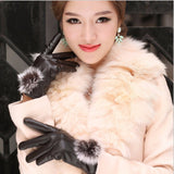 Beautiful Ribbit Fur Ball Leather Gloves for Winter Gloves Brand Mitten luvas Women Gloves female gloves