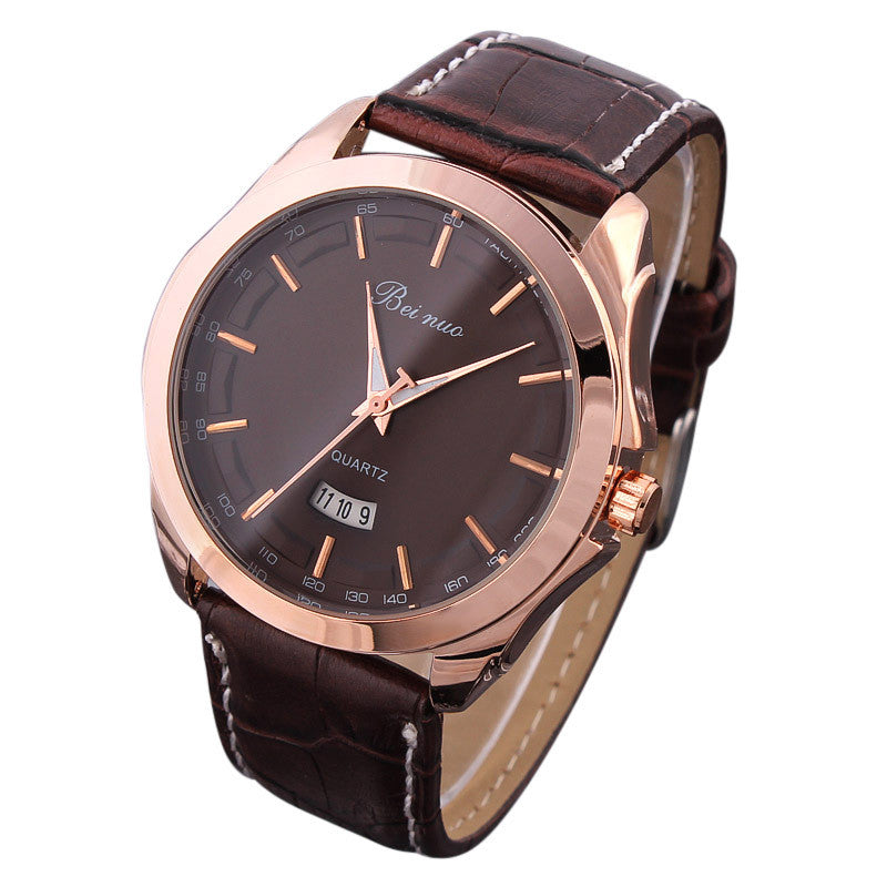 Men's Leather Watches Analog rose gold Steel Case Quartz Watch with Calendar Fashion Casual Wristwatch