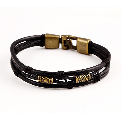 Black Brown Gold-plated Fashion Latin Rope Chain Leather Bracelet And Hide Metal Buckle Decoration Retro Bracelets For Man