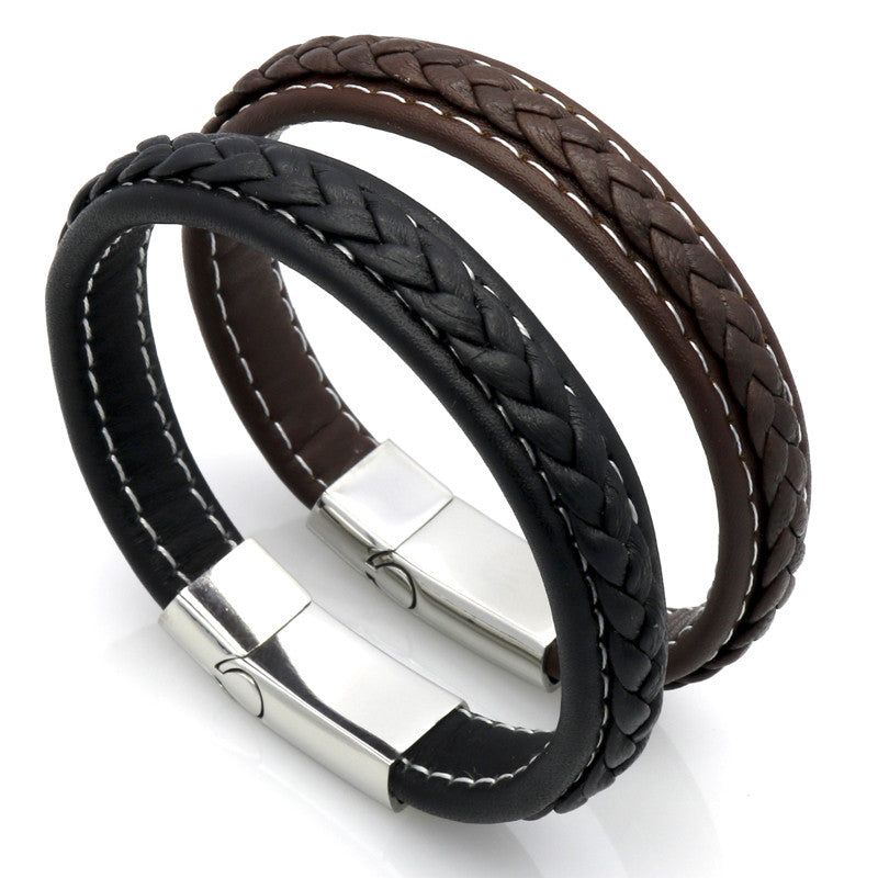 Black Genuine Leather Bracelet Men Bangle With Stainless Steel Fashion New Men Jewelry Rock Chunky Leather Men's Bracelets