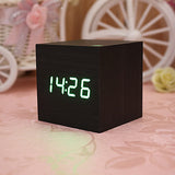 Black Wood Square Green LED Alarm Digital Desk Clock Wooden Thermometer 