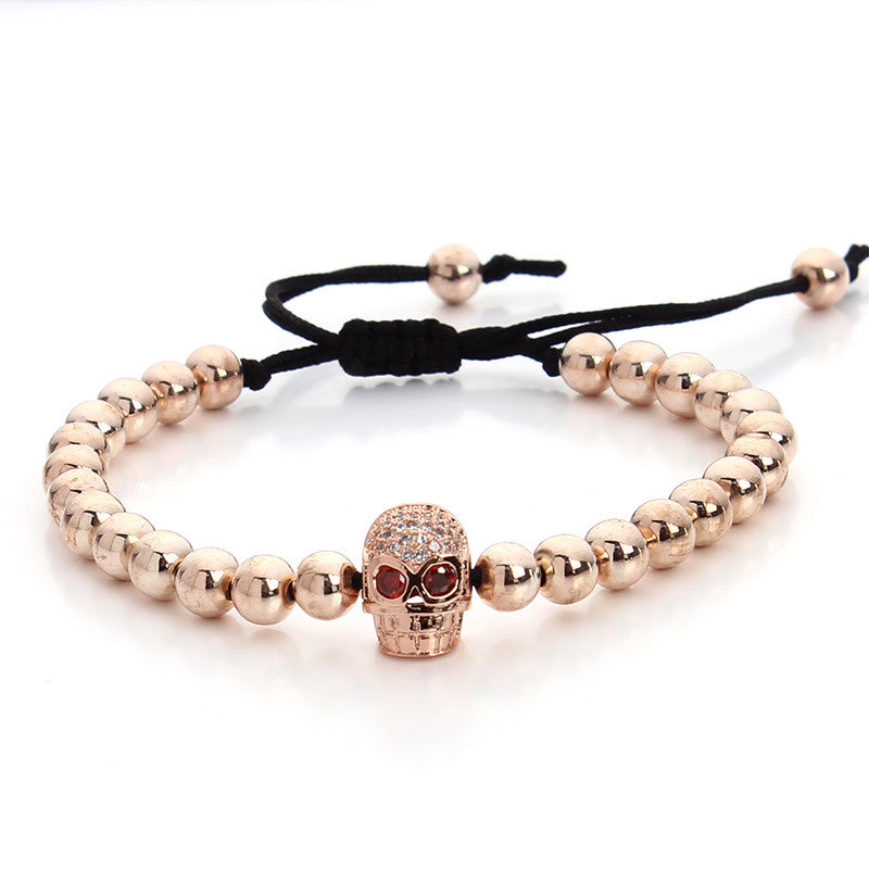Trendy Black Hematite Stone Macrame Bead Bracelet Female Skull Charms Bracelet & Bangle For Womens Men Adjust Size