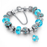 Blue Crystal Charm Bracelets & Bangles for Women With Murano Beads Bracelet Femme Love 925 Silver Sapphire Jewelry