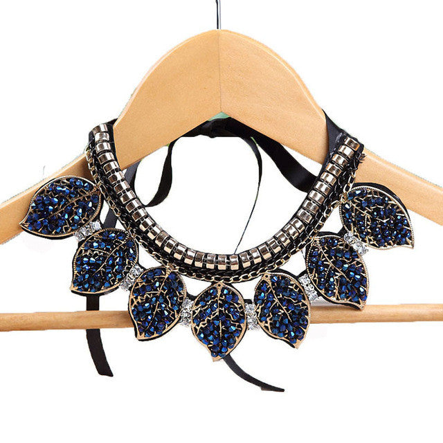 Blue Crystal Leaves Statement Necklace Women Collar Necklaces & Pendants Summer Style Jewelry Colar For Gift Party Wedding