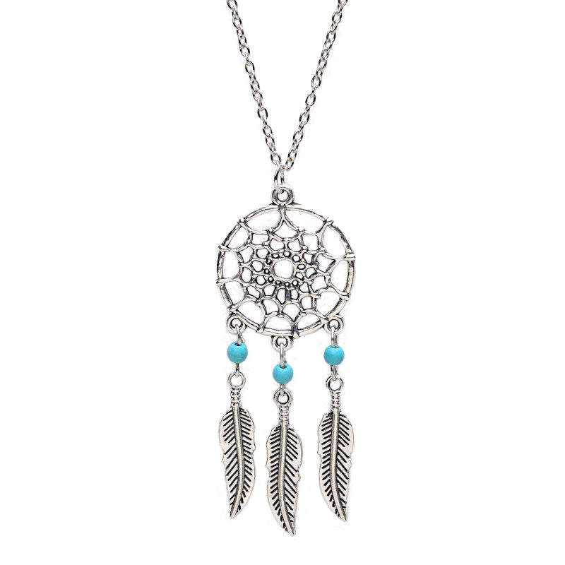 Vintage Silver Plated Dreamcatch Feather Pendants Necklace for Women Choker Statement Necklace Fashion Boho Jewelry