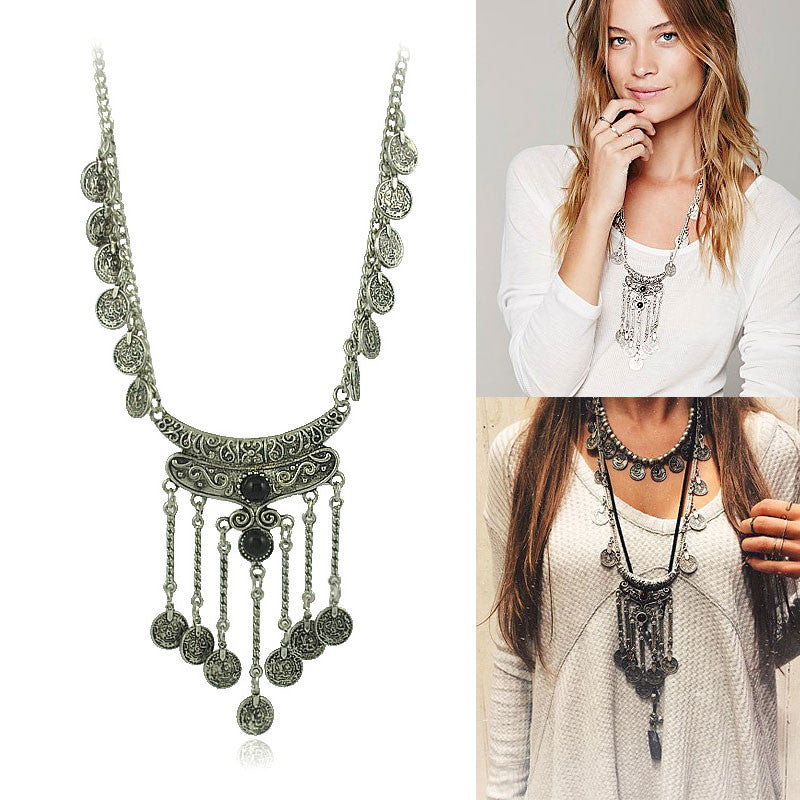 Bohemian Jewelry Vintage Coin Long Pendant Necklace Antique Silver Chain Gypsy Tribal EthnicTurkish Statement women Boho Jewelry