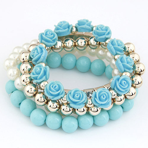 Bohemian Fashion Candy Color Pearl Rose Flower Multilayer Beads Stretch Charm Bracelet & Bangle For Women pulseras mujer