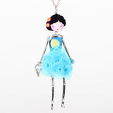 Bonsny French Paris Doll Necklace Dress Flower Long Chain Alloy Doll Pendant Fashion Jewelry For Women News Accessories