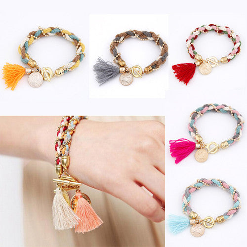 Fashion Bracelet Femme Fashion Gold Coin Pendant Charm Bracelets Bangles for Women Wool Tassel Jewelry bijoux