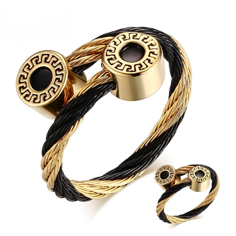 Bracelet + Ring Jewelry Sets For Women Stainless Steel Greek Key Pattern Charm Jewelry Adjustable Size