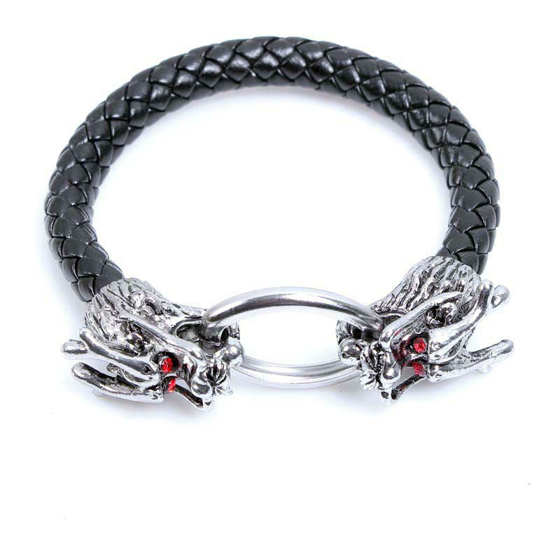 Braided Leather Double Chinese Dragon Head Bracelet Bangle For Man men Gift