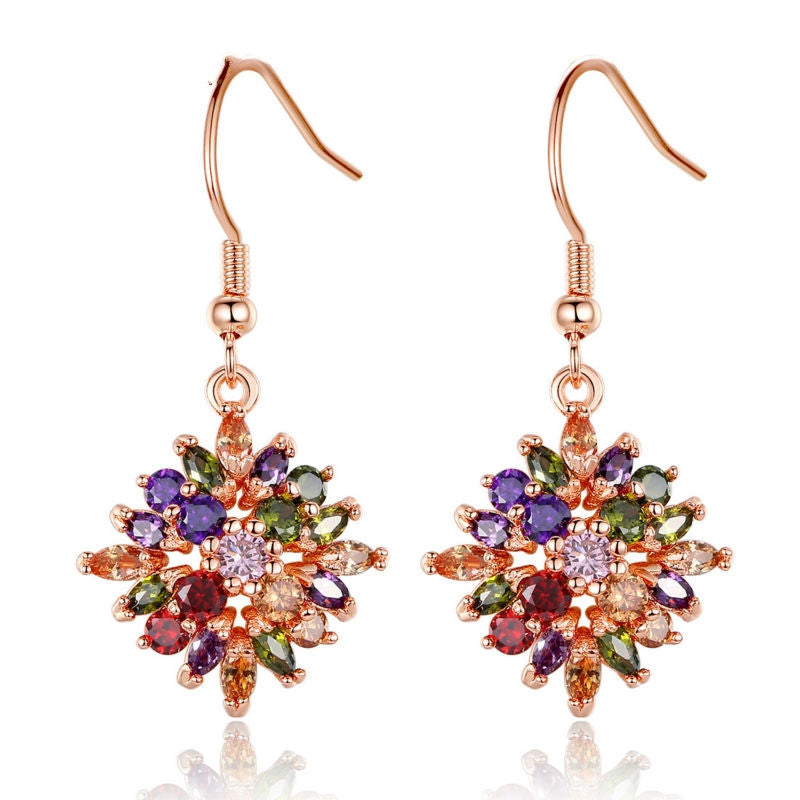 Brand 18K Rose Gold Plated Flower Drop Earrings with Colorful Cubiz Zircon For Women
