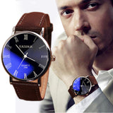 Brand New Brown Luxury Men Watch Fashion Faux Leather Mens Roman Numerals Quartz Analog Watch Casual Male Business Watches
