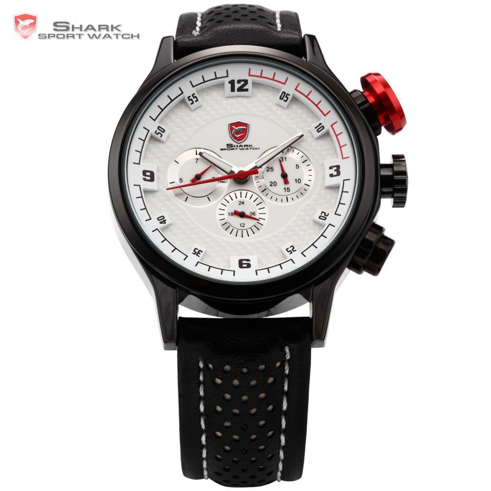 Brand New SHARK Sport Watch 6 Hands Date Day White Analog Stainless Steel Case Black Leather Strap Quartz Mens Watches
