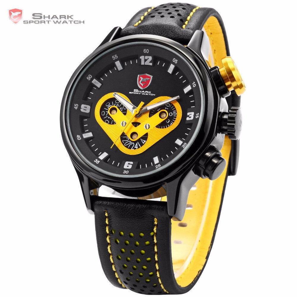 Brand New SHARK Sport Watch Date Day 24 Hours Dashboard Steel Case Leather Band Black Yellow Men's Quartz Wrist Watches