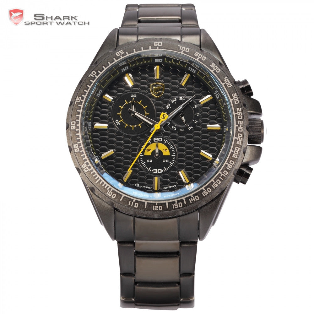 Brand New Shark Sport Watch Bezel Chronograph 24 Hours Black Yellow Dial Stainless Steel Band Men Outdoor Wristwatch Gift