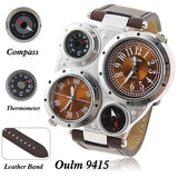 Fashion Oulm sports military Multi-Function Watch for Men with Black or Brown Round DIAL Dual Movt Leather strap