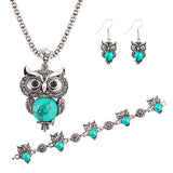 New Brand Design Jewelry Sets Silver Plated Retro Turquoise Pendant Necklace Owl drop earrings Charm bracelet Gift women