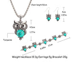 New Brand Design Jewelry Sets Silver Plated Retro Turquoise Pendant Necklace Owl drop earrings Charm bracelet Gift women
