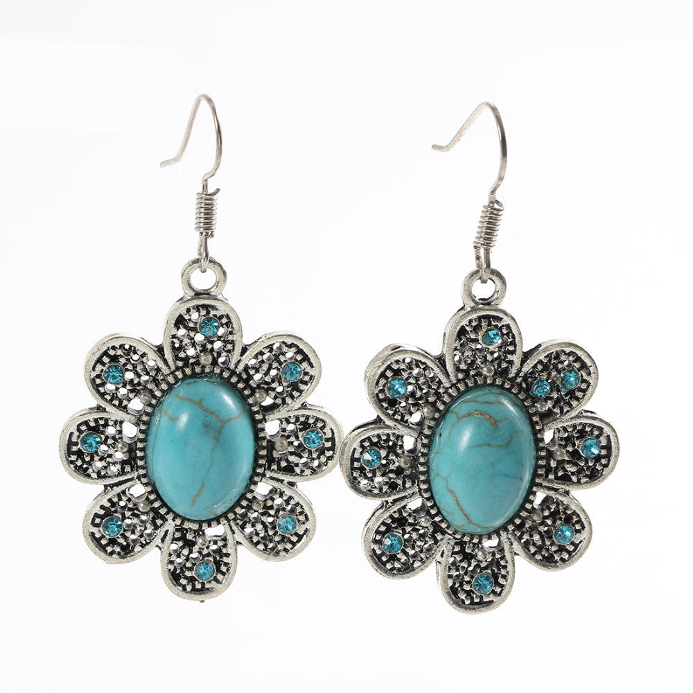 Brand designer New Fashion Simple Geometric flower blue gem Bohemia Retro big Turquoise earrings for women flower long earring