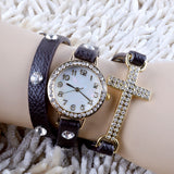 New Korean Lady Fashion Watch Simple Cross Inlaid Rhinestones Long Leather Bracelet Quartz Watches Women Dress Watch
