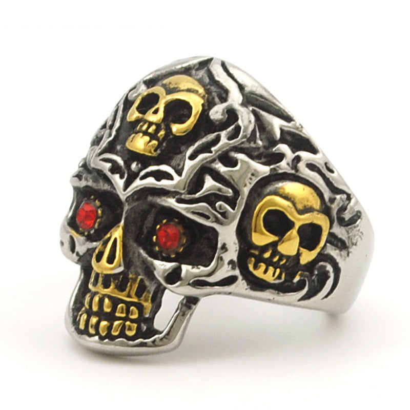 Gold Color Stainless Steel Rings for Motorcycle Biker PUNK Red Eye Skull Ring Men's Jewelry