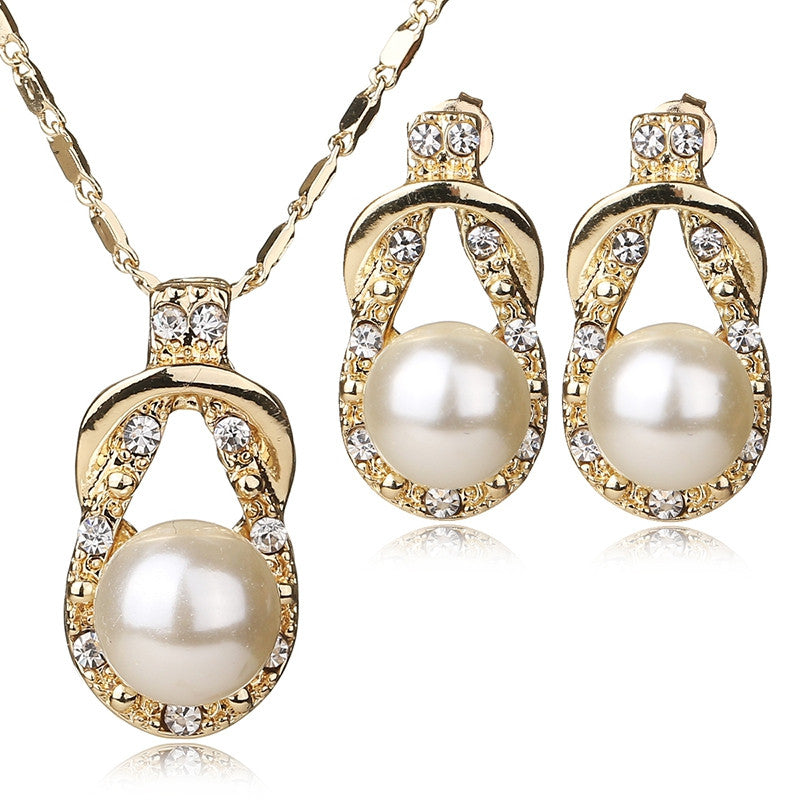 Necklace Earrings Set Gold Plated Fine Jewelry Sets For Women Simulated Pearl Vintage Bridal Wedding Crystal Accessories