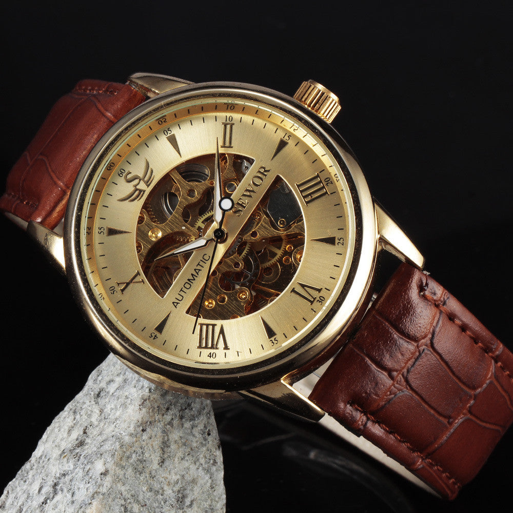 Casual Fashion Men's Watches Men Luxury Brand Skeleton Dial Leather Strap Mechanical Watch Vintage Dress Watches