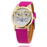Vintage Cat Watch with Glasses Fashion Women Quartz Watches Leather Strap