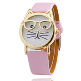 Vintage Cat Watch with Glasses Fashion Women Quartz Watches Leather Strap