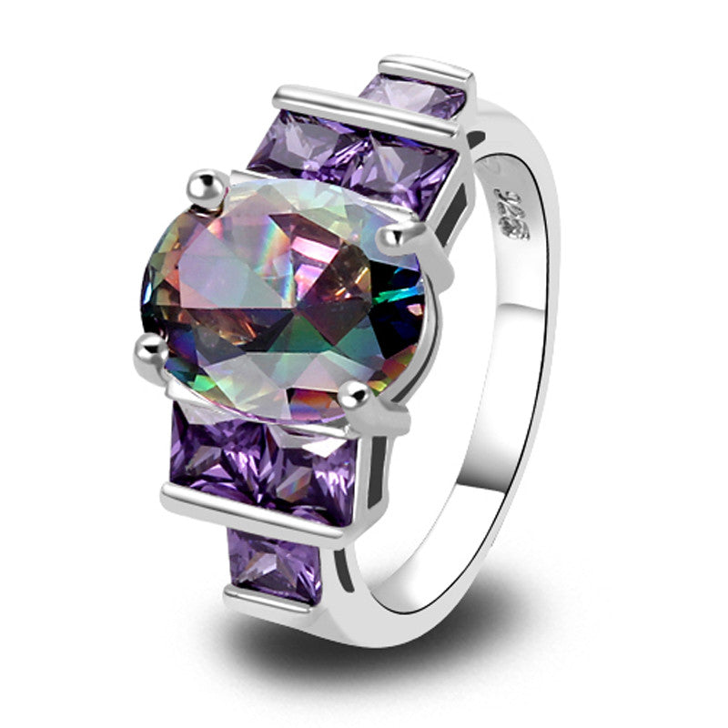 Charm Fancy Shinning Round Cut Rainbow Sapphire & Amethyst Silver Ring