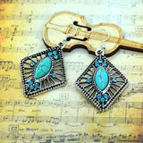 Charming Vintage Silver Plated Metal Turquoise Women's earring Festival Gifts Rhombic Pendant Hollow out Inlayed design