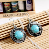 Charming round tibetan silver earring with 100% natural turquoise stone and crystal jewelry Vintage drop earrings for women
