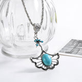 Christmas Antique Hollow Tibetan Silver Butterfly Crystal Turquoise Pendant Chain Necklace Clothes for Women