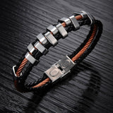 City FASHION Jewelry Punk Rose Gold Stainless Steel Accessories Black Weave Genuine PU leather Men Bracelet male Bangles