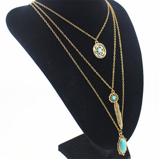 Colar Women New Fashion In Chain Necklace Western Vintage Turquoise Gros Collier Femme Jewelry Multi Layer Necklace Gold