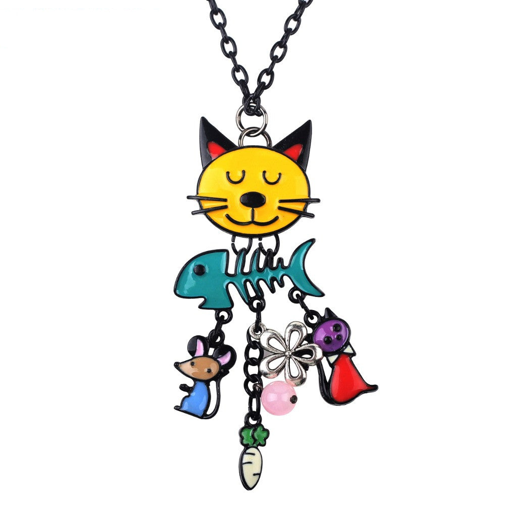 Colorful French Cat Necklace Enamel Pendant Fish Alloy Charm Brand Jewelry For Women Girl